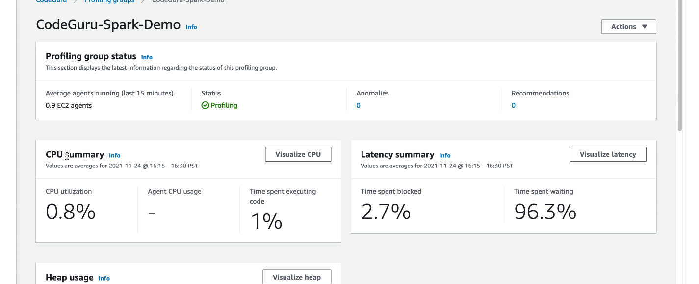 Go to your profiling group under the Amazon CodeGuru web console. Click the “Visualize CPU” button to render a flame graph displaying CPU usage. Switch to the latency view to identify latency bottlenecks, and switch to the heap summary view to identify objects consuming most memory.