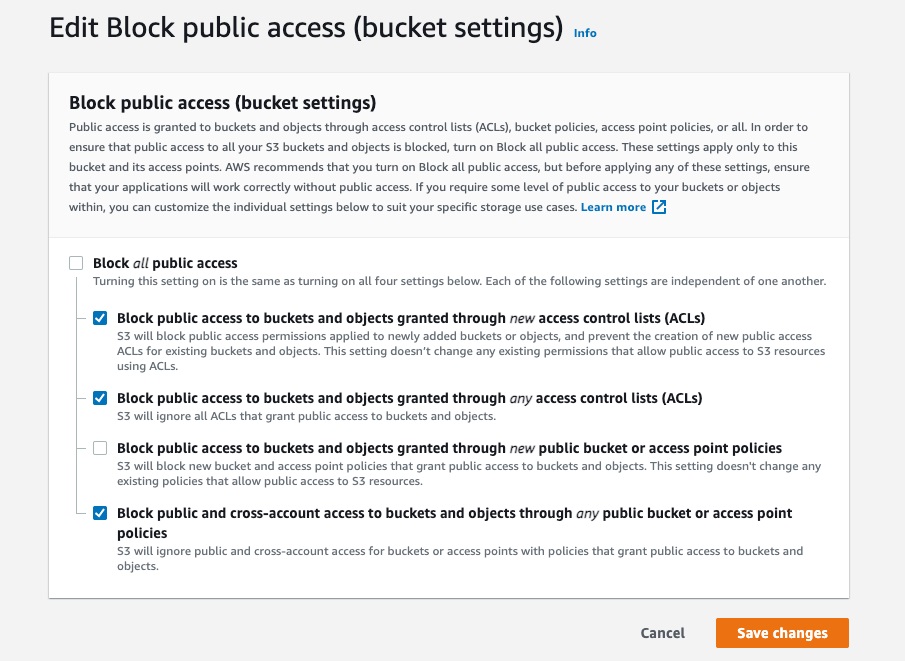 Figure 7: S3 bucket settings