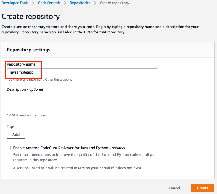 Screenshot for creating a repository under AWS Code Commit