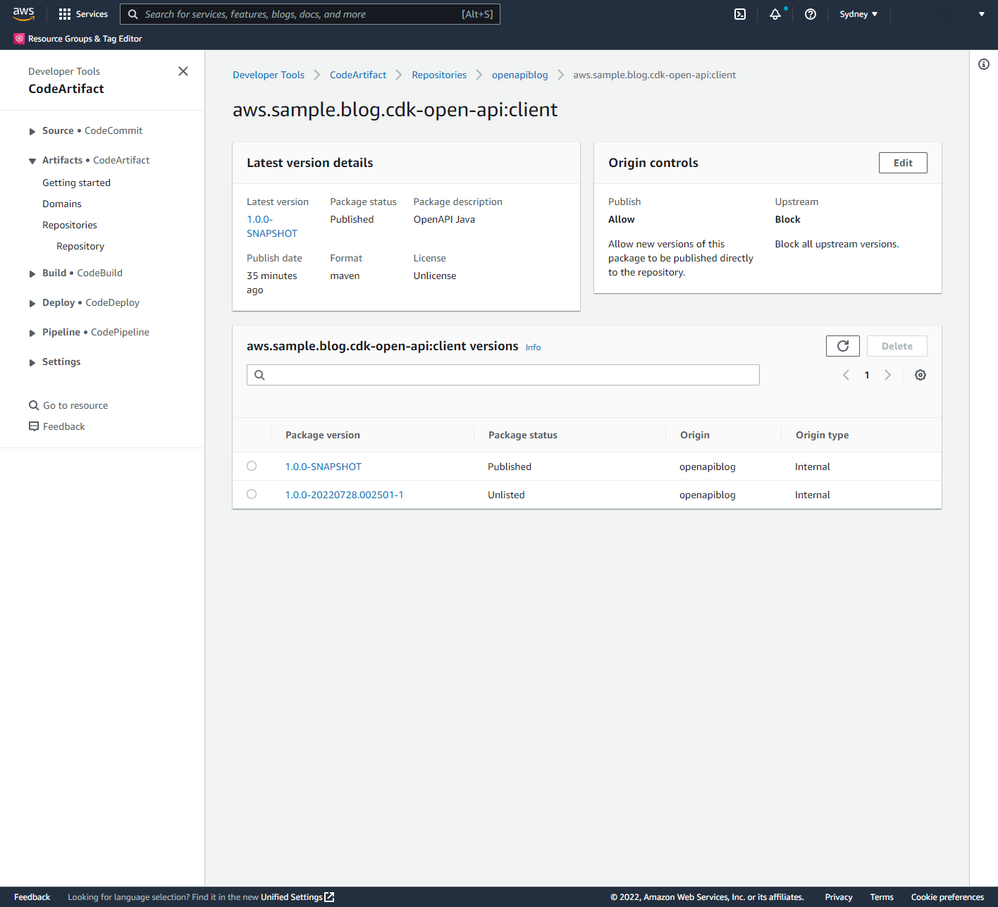 The CodeArtifact service user interface in the Console shows the different versions of the API’s auto-generated client libraries.