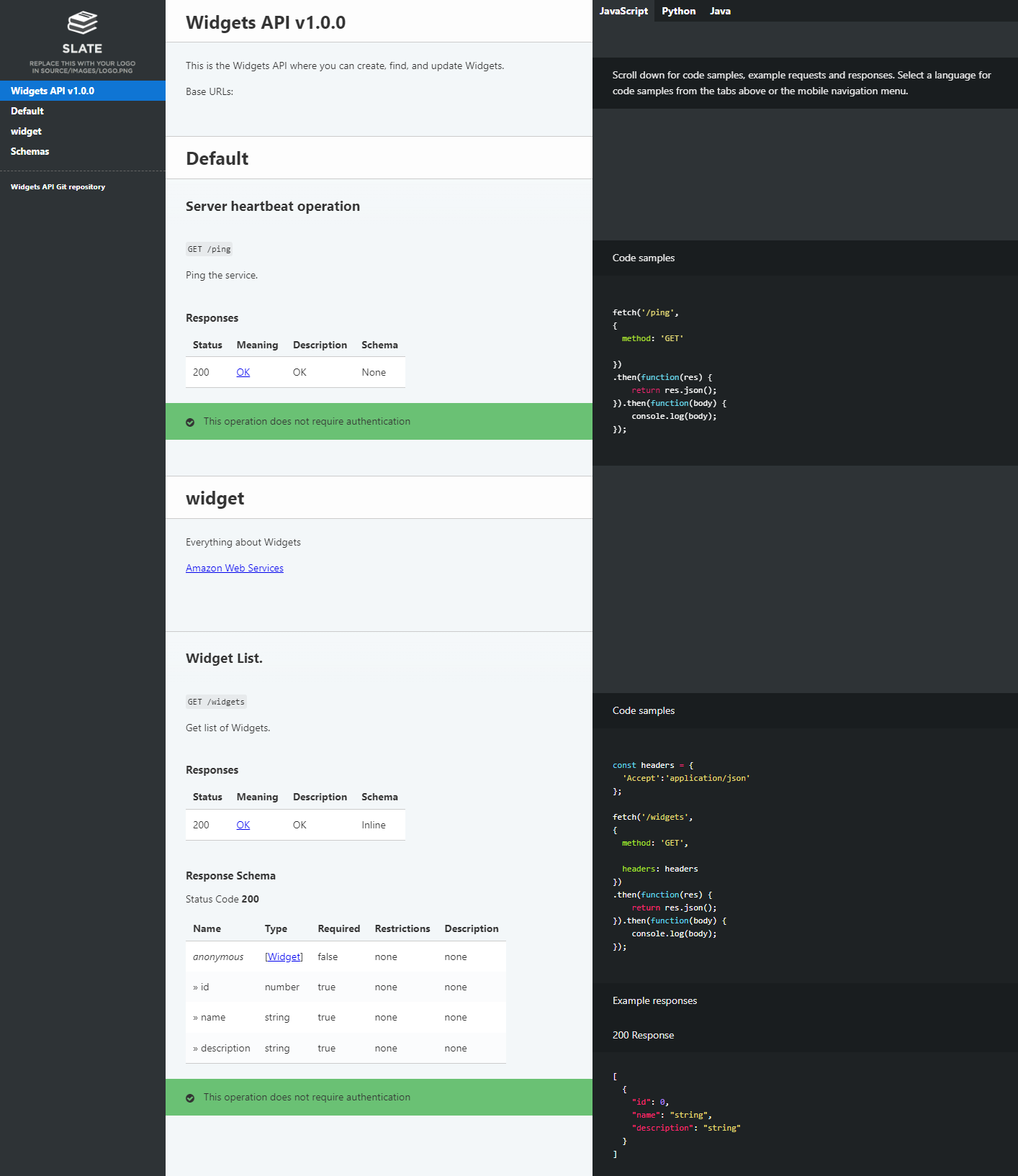 The API’s auto-generated documentation website provides descriptions of the API’s methods and resources as well as code snippets in multiple languages including JavaScript, Python, and Java.