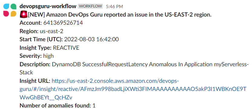 Slack channel shows message with details like Account, Region, Start Time, Insight Type, Severity, Description, Insight URL and Number of anomalies found.