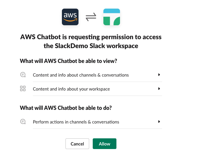 AWS Chatbot is requesting permission to access the Slack workspace