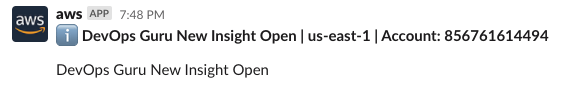 Slack channel shows message with “DevOps Guru New Insight Open”