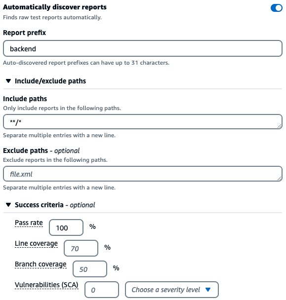 Test report configuration dialog including success criteria