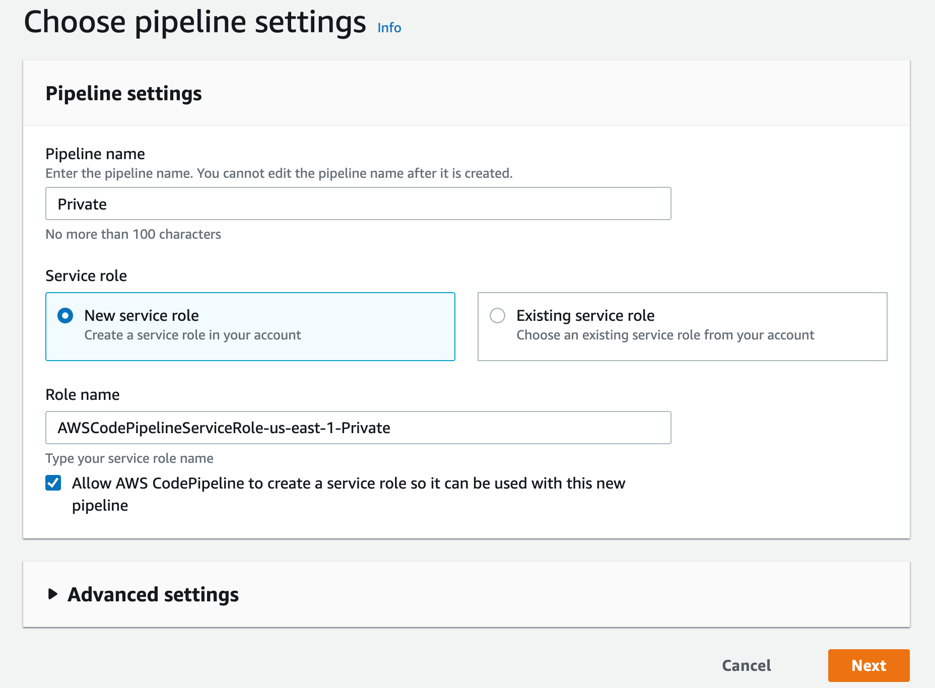 Figure 10. Screenshot: Choose pipeline setting page with pipeline name "Private".