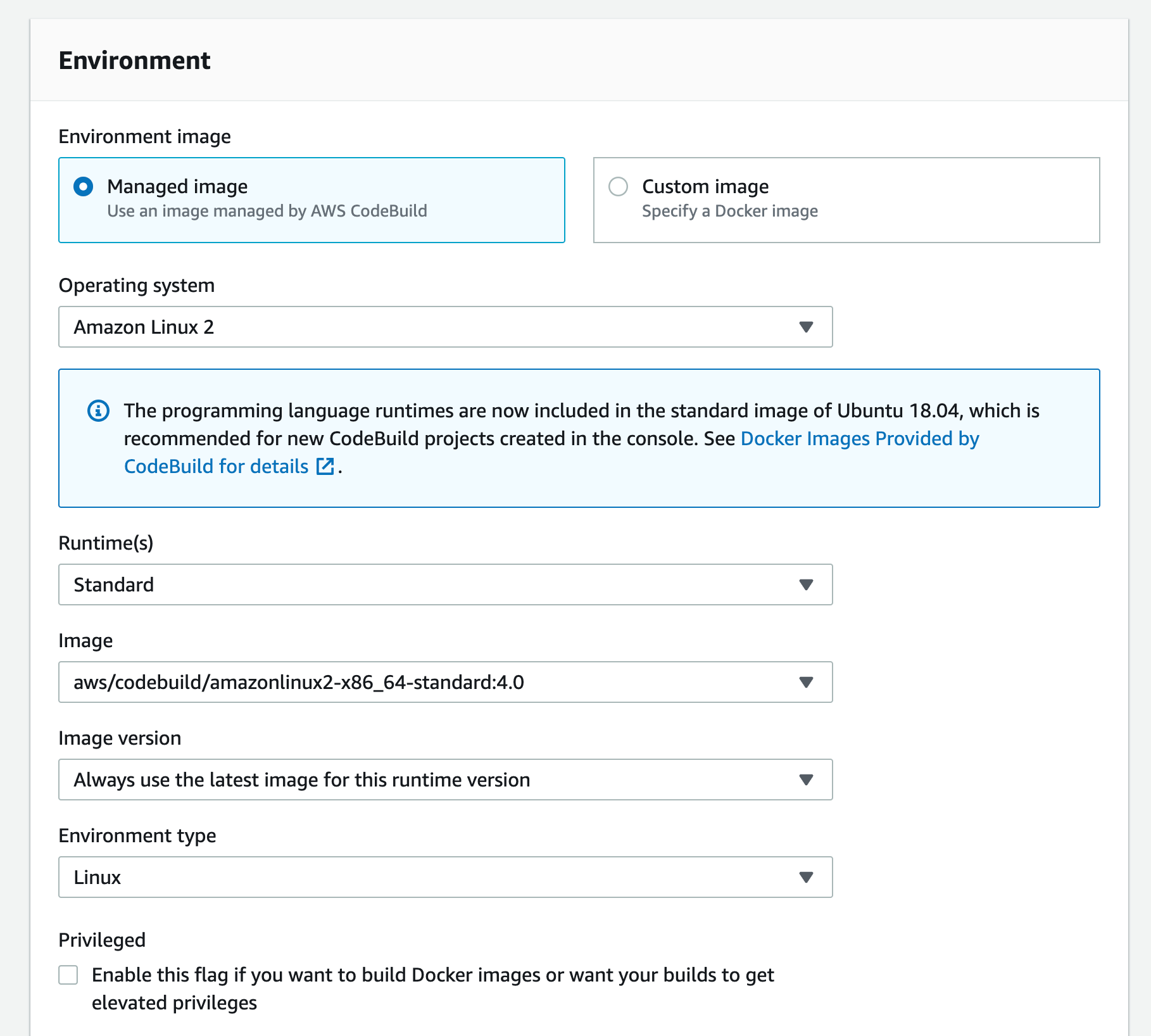 Figure 14. Screenshot: Create pipeline create build project, setting up environment window.