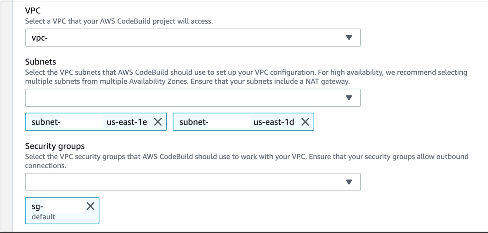 Figure 15. Screenshot: Create pipeline create build project networking window.