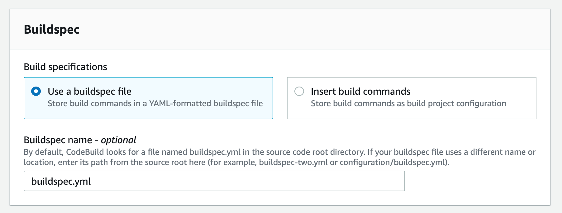 Figure 16. Screenshot: Create pipeline create build project buildspec window.