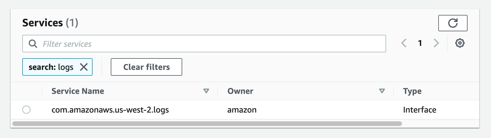 Figure 24. Screenshot: create endpoint select services with com.amazonaws.us-west-2.logs selected.