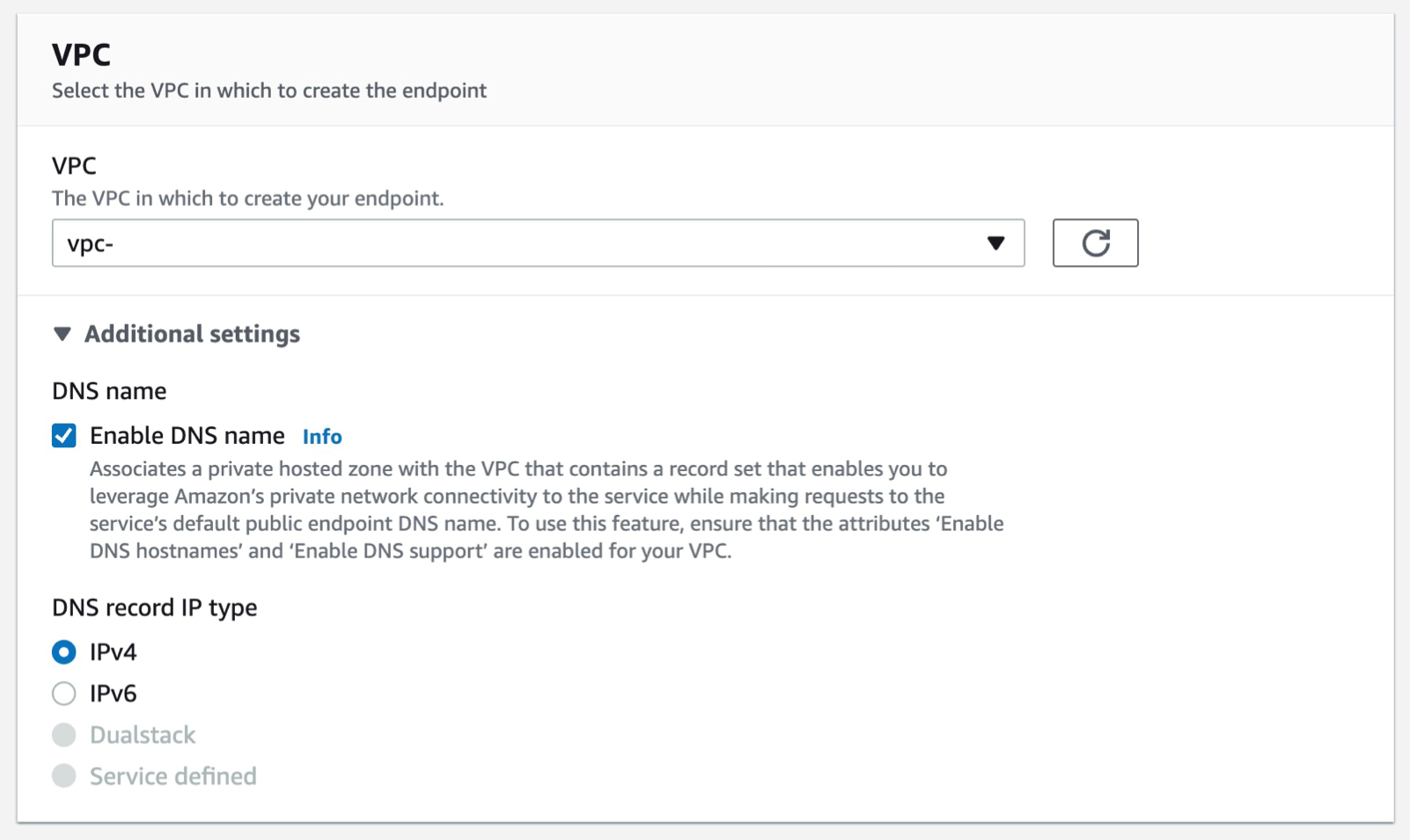 Figure 25. Screenshot: create endpoint VPC setting shows VPC selected.