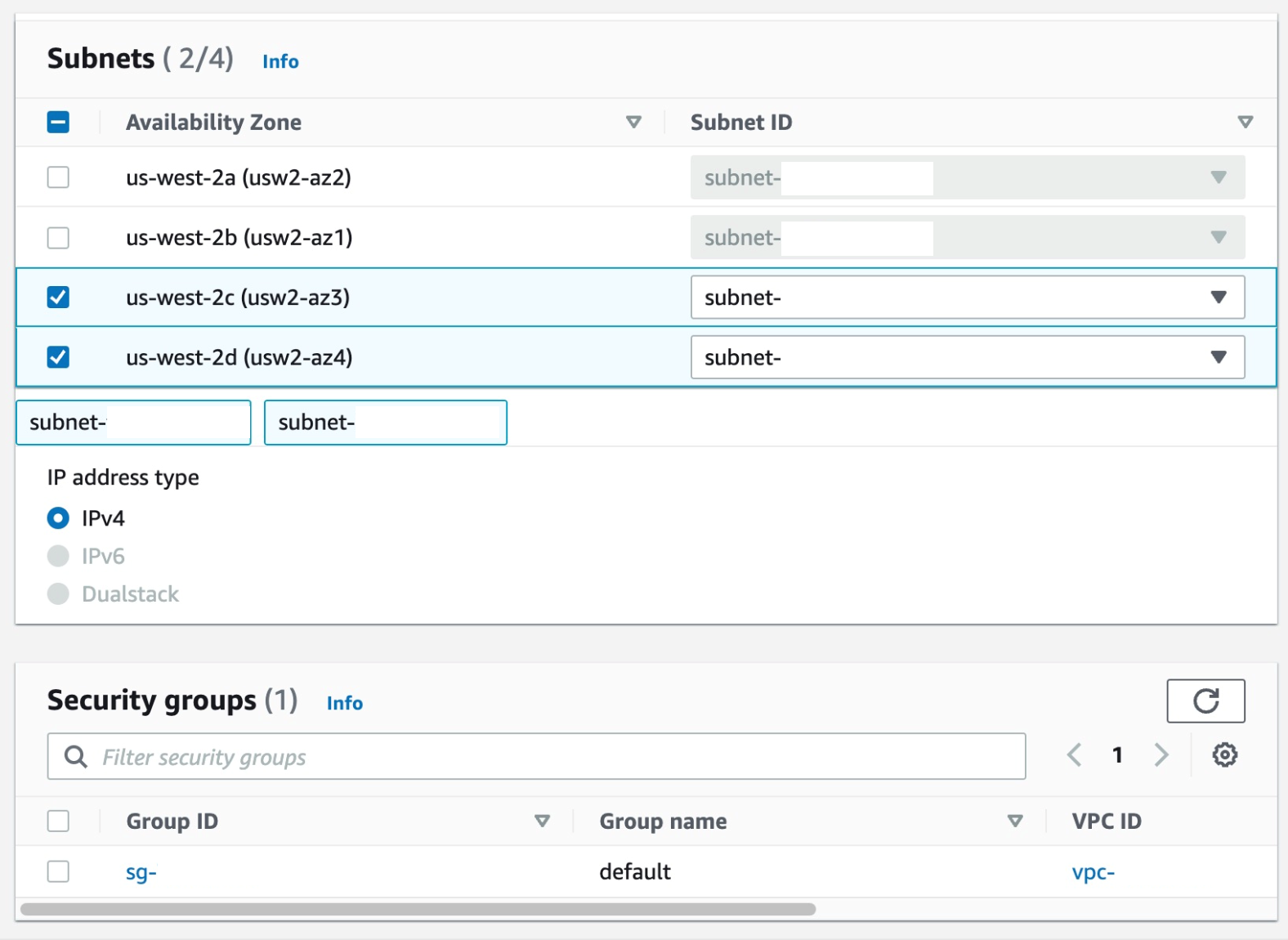 Figure 26. Screenshot: create endpoint subnet setting shows 2 subnet selected and default security group selected.