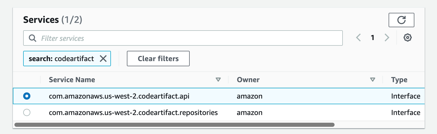 Figure 28. Screenshot: create endpoint select services with com.amazonaws.us-west-2.codeartifact.api selected.