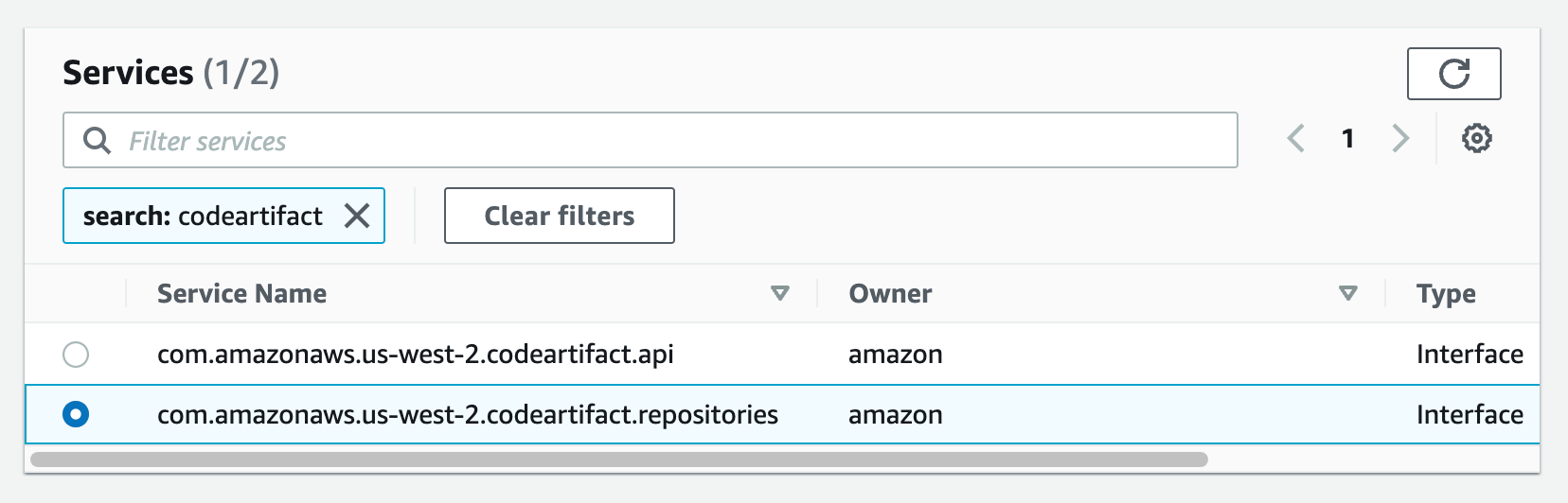 Figure 29. Screenshot: create endpoint select services with com.amazonaws.us-west-2.codeartifact.api selected.