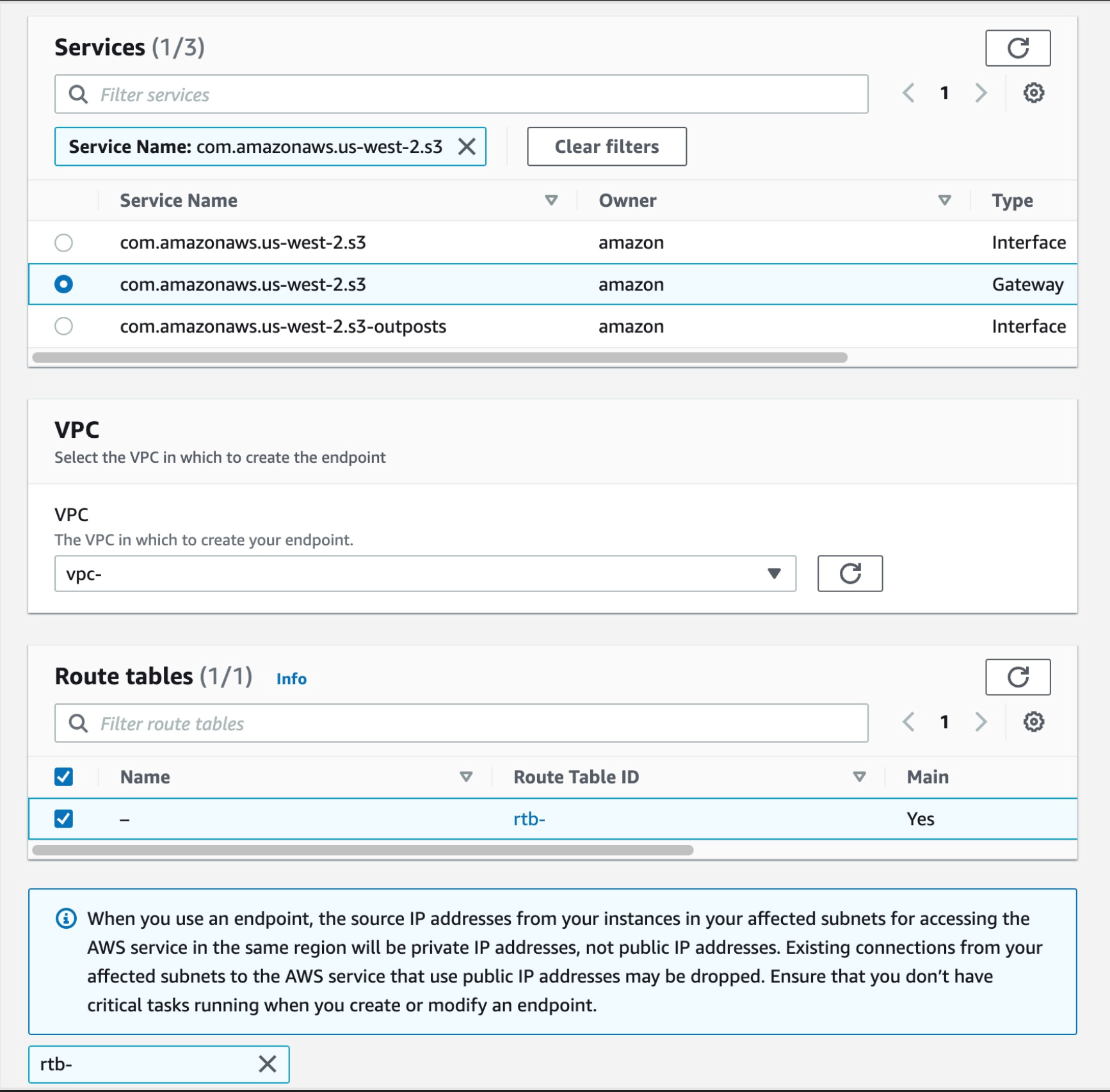 Figure 31. Screenshot: create endpoint select services with com.amazonaws.us-west-2.s3 selected.