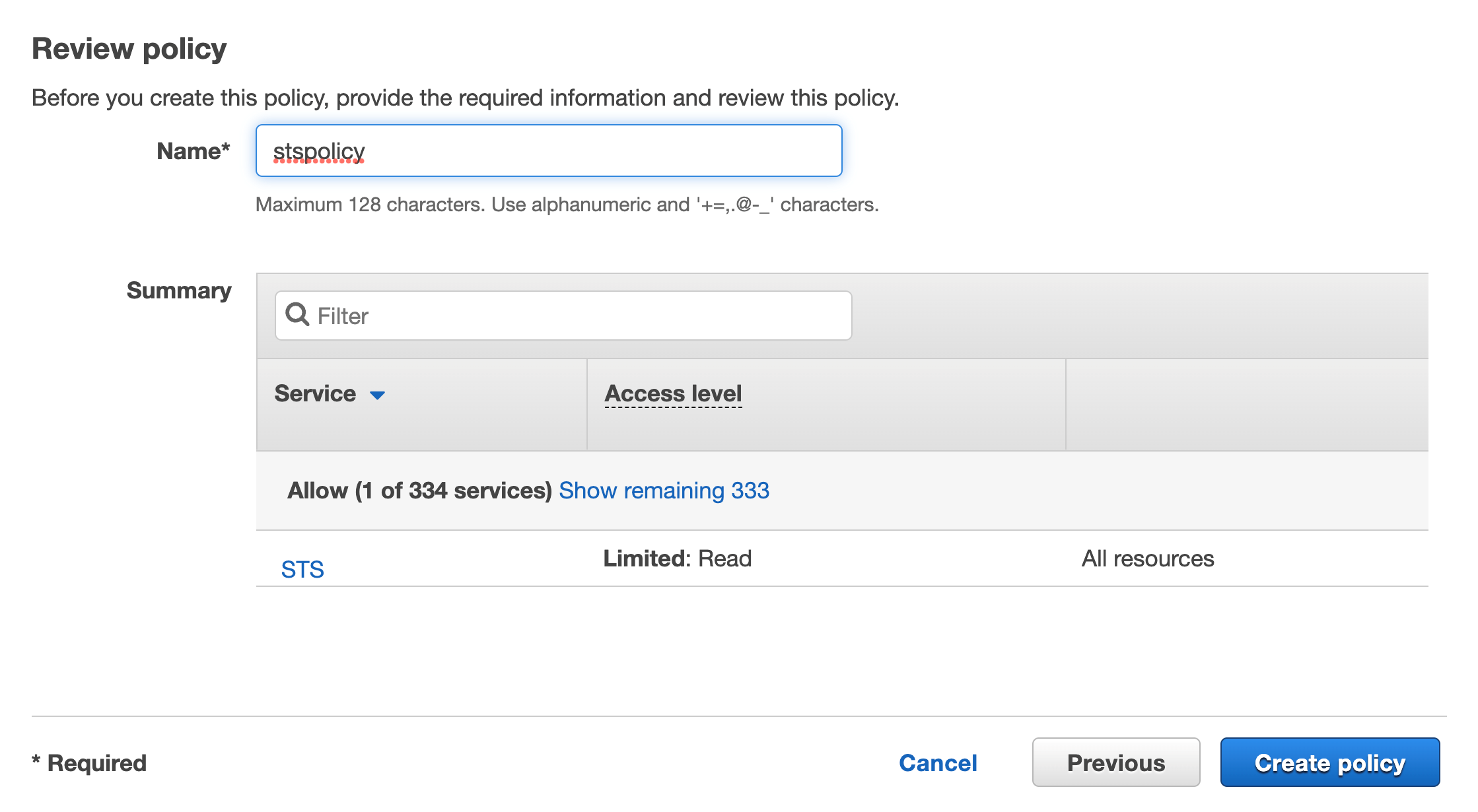 Figure 37. Screenshot: Review page and Create policy button.