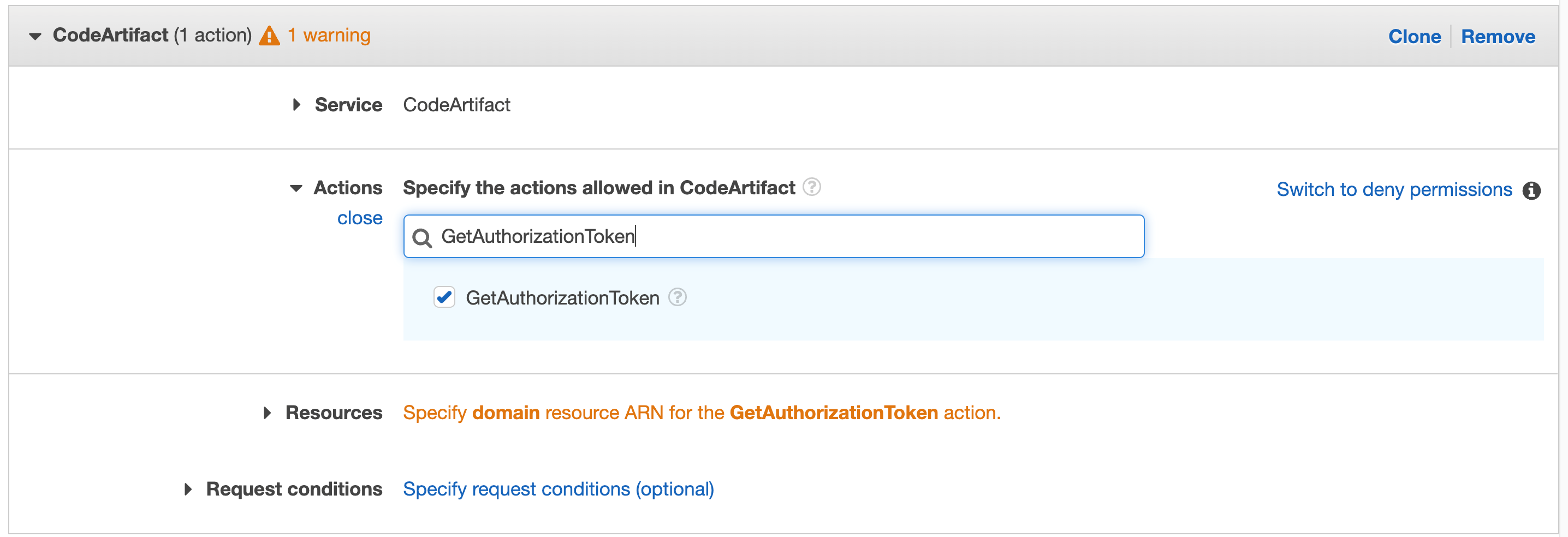 Figure 41. CodeArtifact: with GetAuthorizationToken in search.