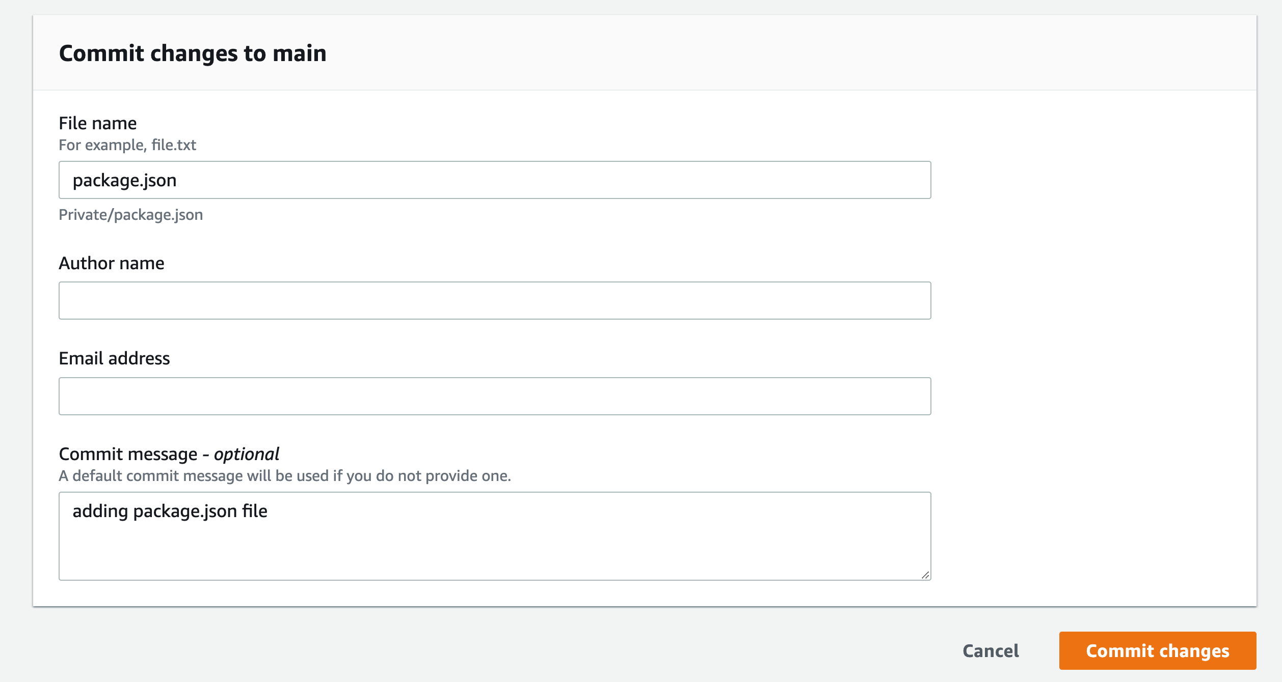 Figure 46. Screenshot: CodeCommit Commit changes button.