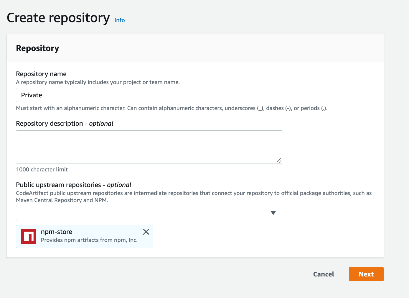 Figure 6. Screenshot: Create repository page with Repository name "Private".