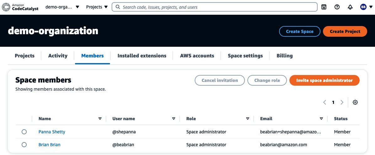 The space members configuration page showing two users