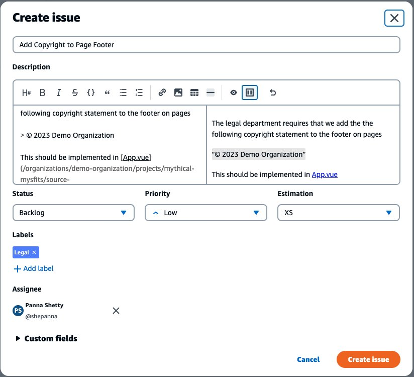 Create issue dialog box with name, description and metadata