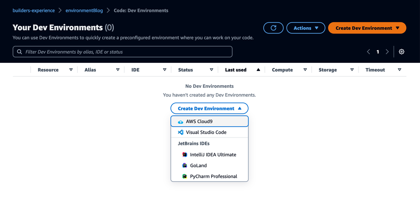 CodeCatalyst user interface showing Create Dev Environment