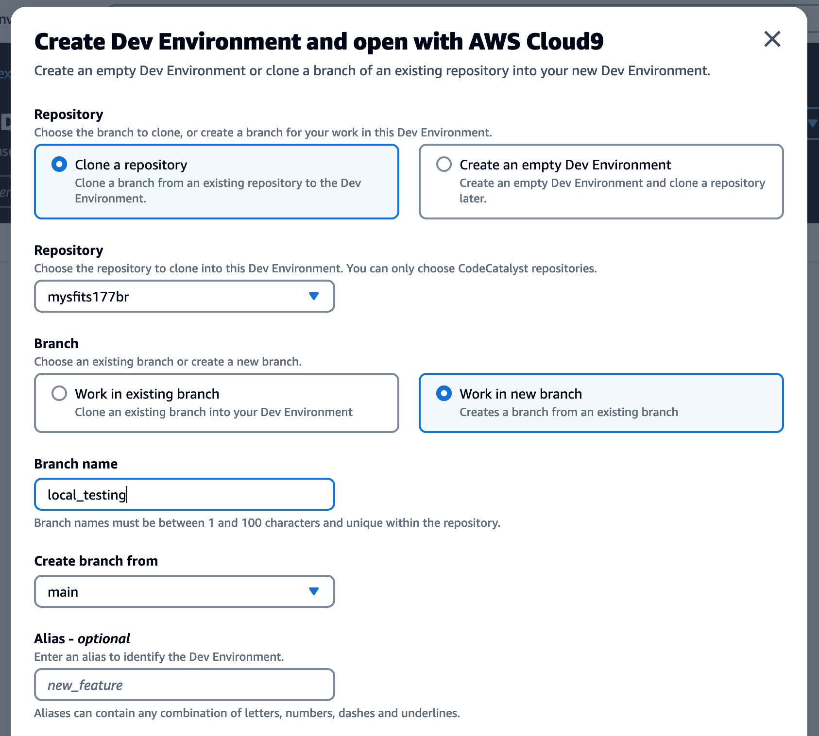 Create Dev Environment user interface with work in a new branch selected 