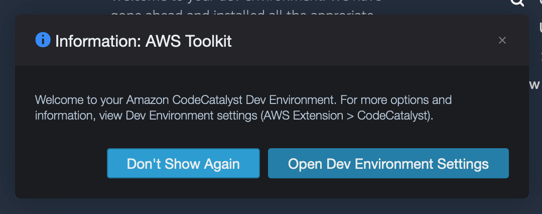 AWS Toolkit prompting to Open Dev Environment Settings. 