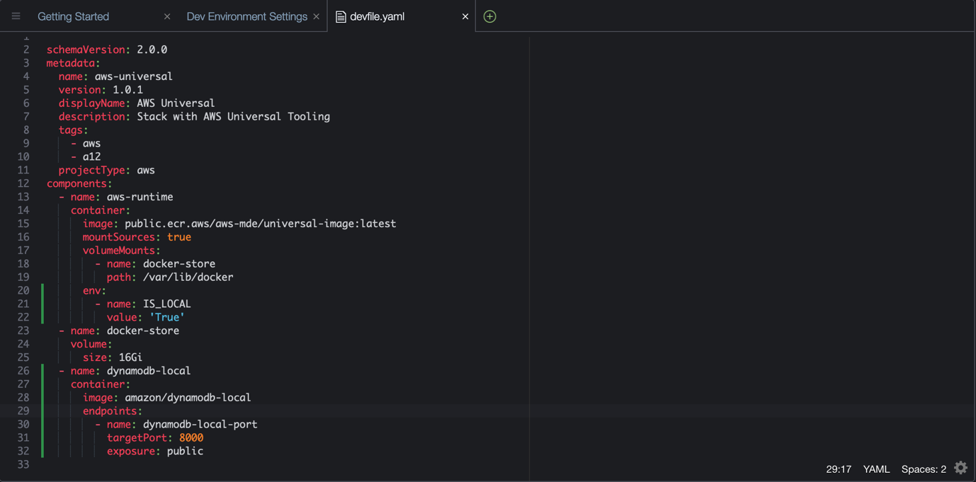 Devfile.yaml with environment variable and DynamoDB container added