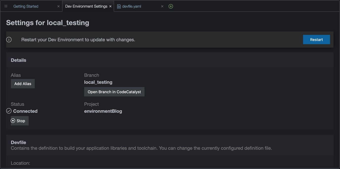 AWS Toolkit prompt asking to restart the dev environment