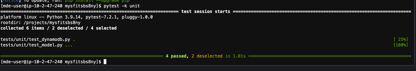 Result of the pytest shown at the command line