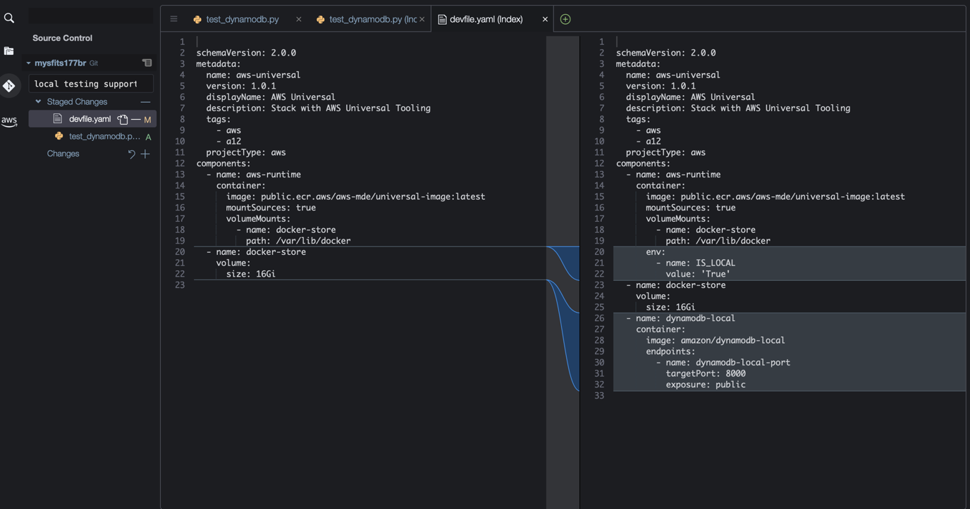 Figure 8.  Changes reviewed in CodeCatalyst Cloud9 git extension.