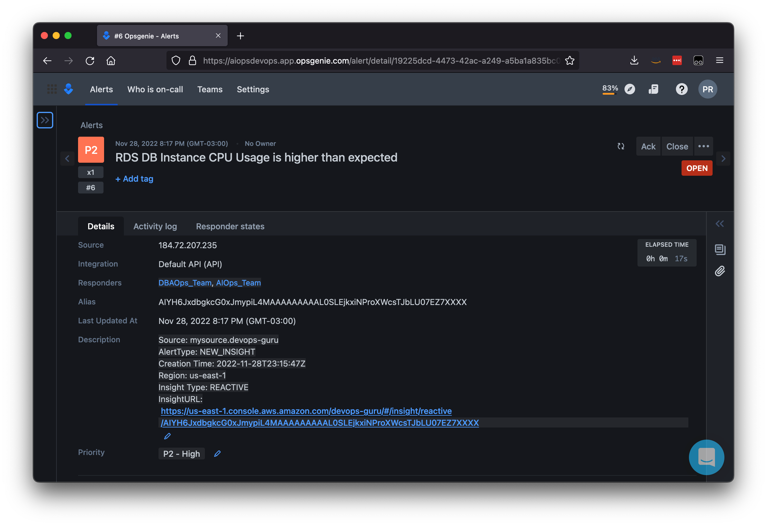 Figure 10: Opsgenie alert assigned to both DBAOps_Team and AIOps_Team.