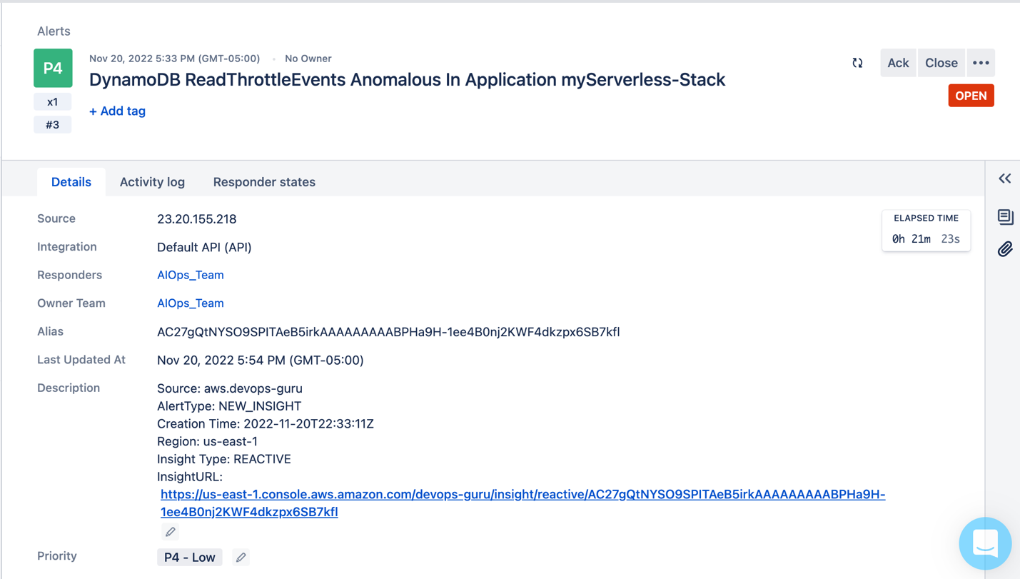 Figure 6: Event Published to Opsgenie with details such as the source, alert type, insight type, and a URL to the insight in the AWS console.