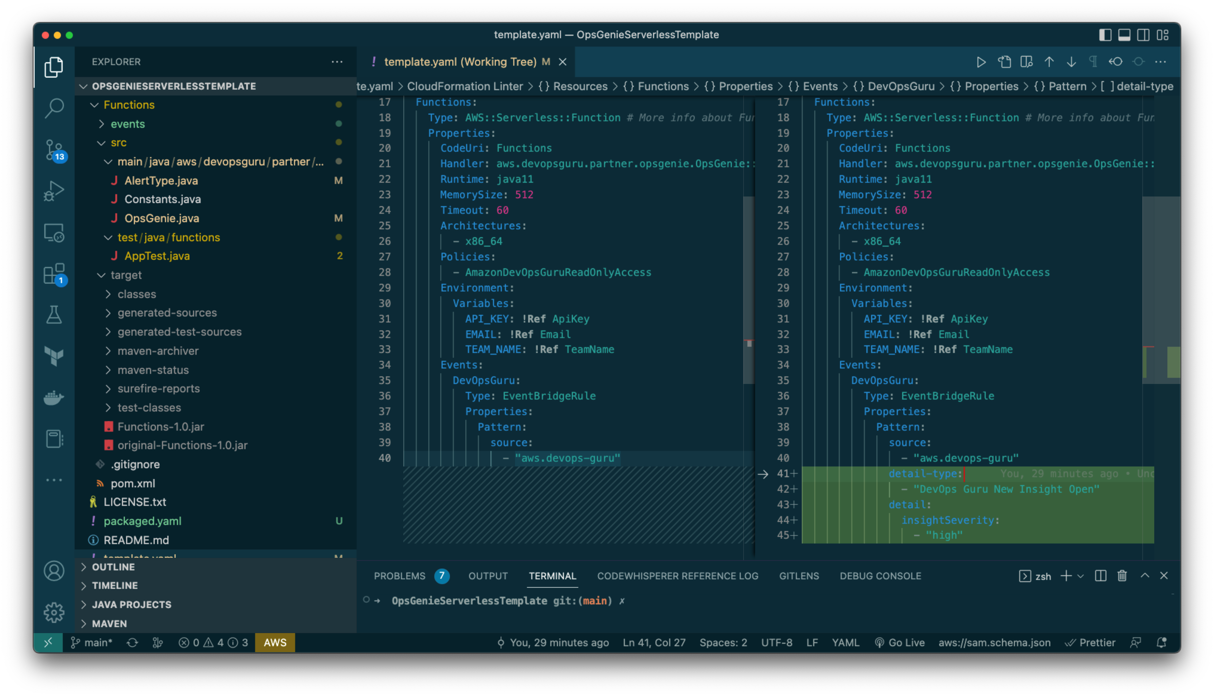 Figure 7: CloudFormation template file changed so that the EventBridge rule is only triggered when the alert type is "DevOps Guru New Insight Open" and insightSeverity is “high”.