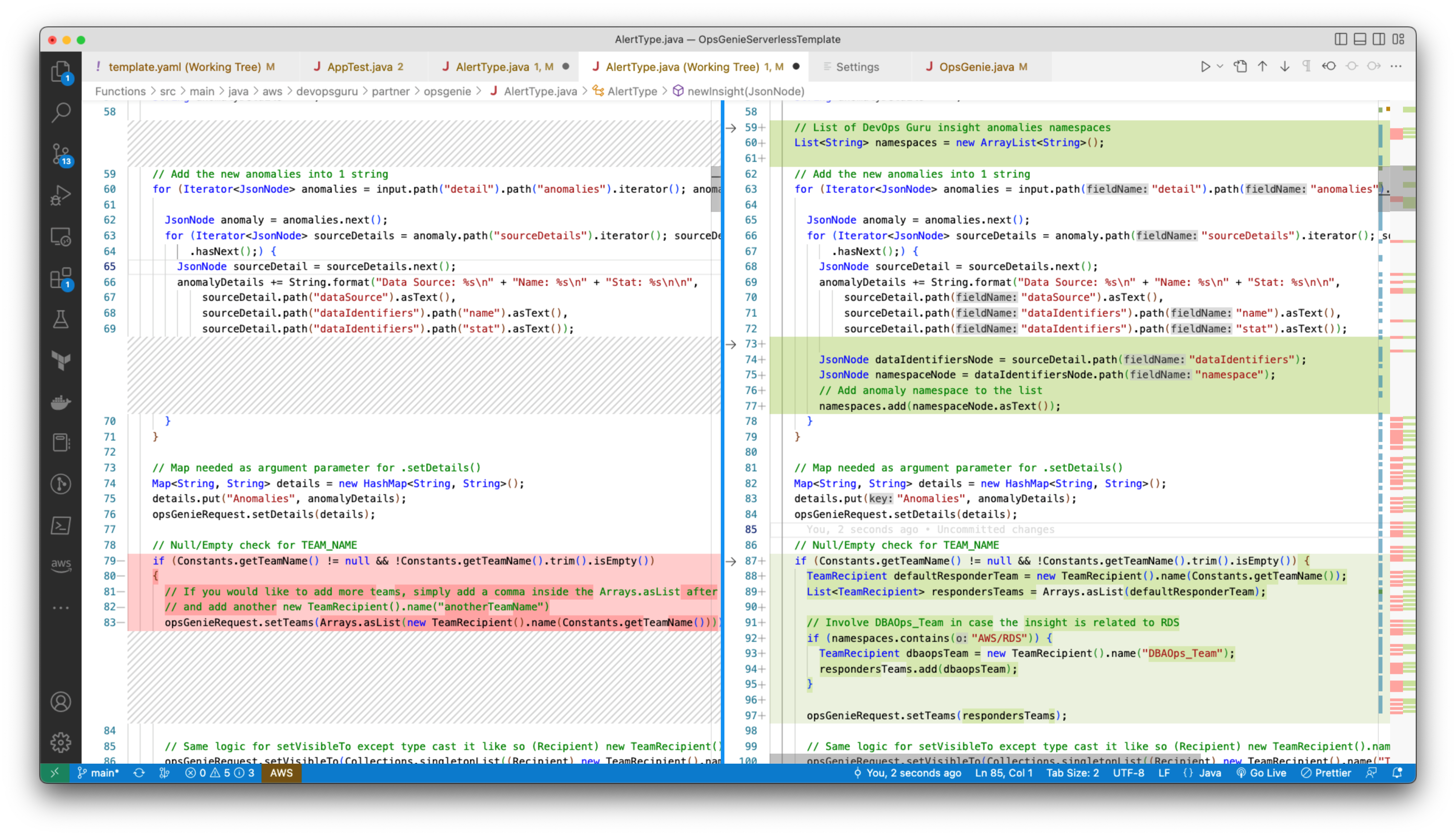 Figure 9: AlertType Java class customized to include DBAOps_Team for RDS-related DevOps Guru insights.