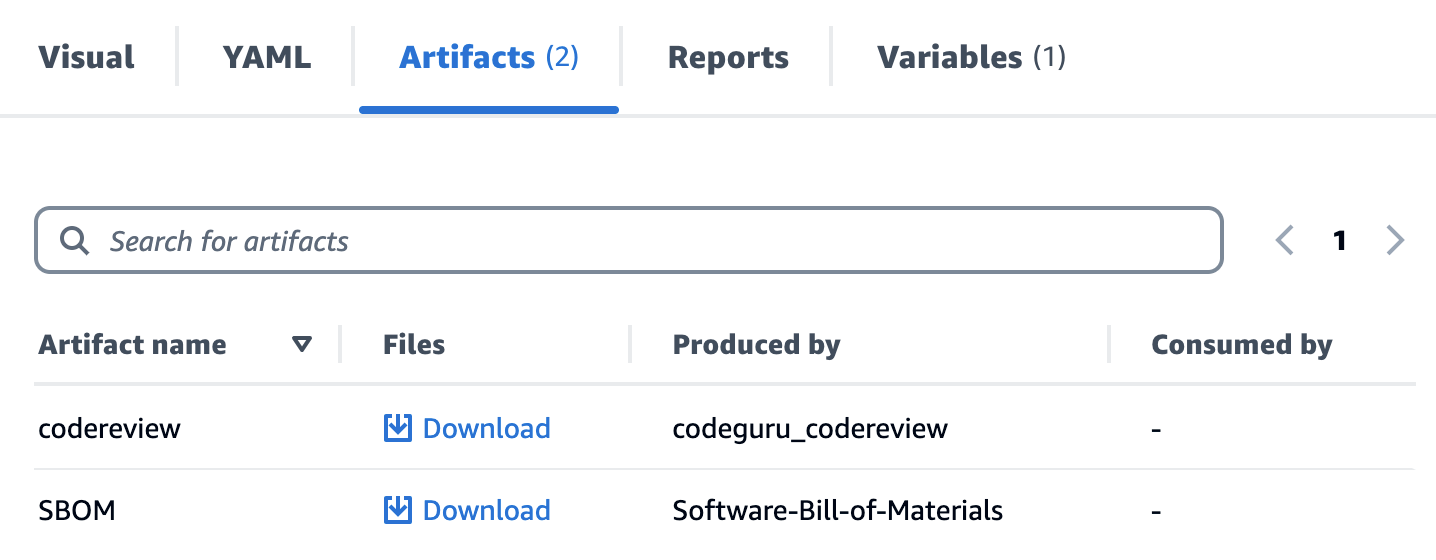 Figure 8. Artifacts tab listing code review and SBOM