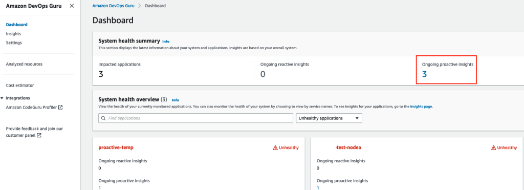 Amazon DevOps Guru Dashboard where you can see a summary of your system’s overall health, including ongoing proactive insights