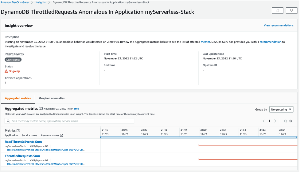 Sample DevOps Guru insights page with anomalous behavior of DynamoDB ThrottledRequests from the application deployed with the workshop link.