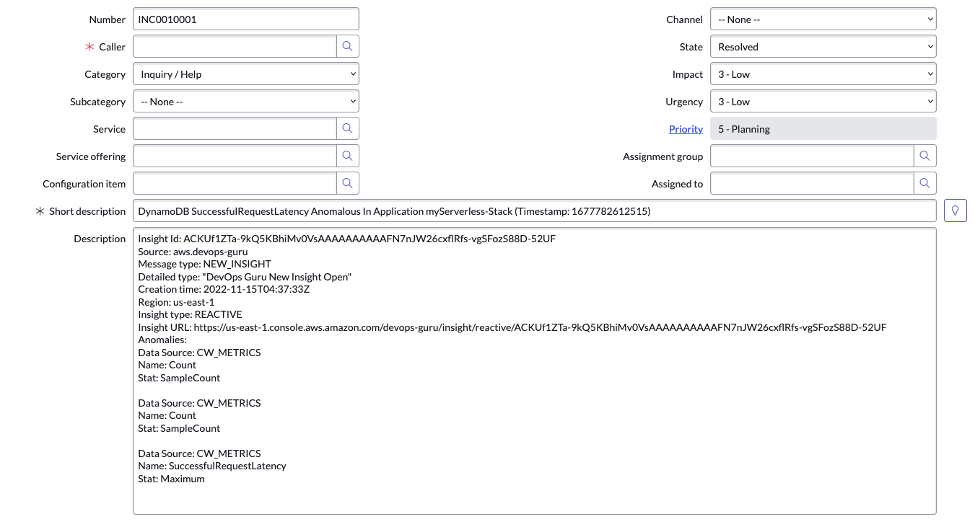 ServiceNow incident detail page with the DevOps Guru insight information.