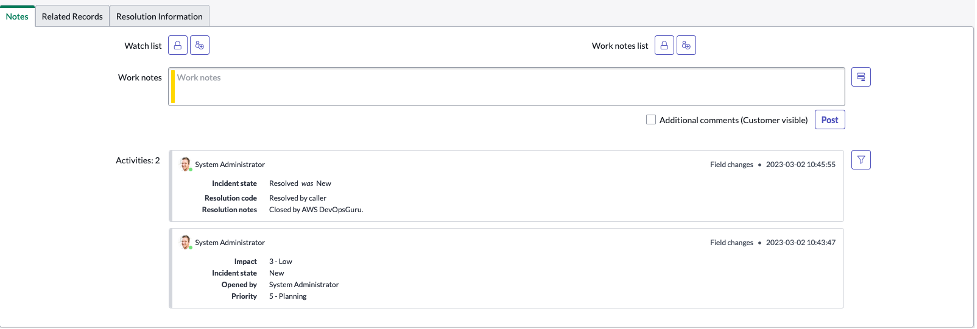 ServiceNow incident Notes section showing Incident as resolved due to the insight being closed in Amazon DevOps Guru.