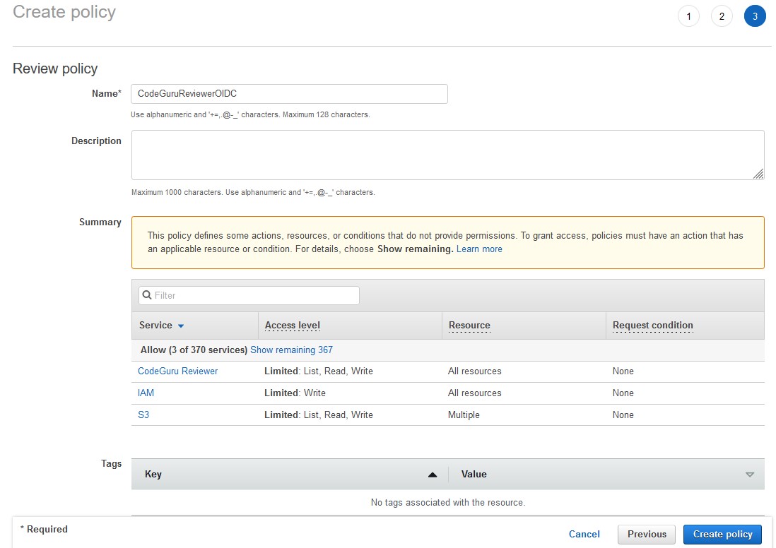 Review and Create a IAM policy.