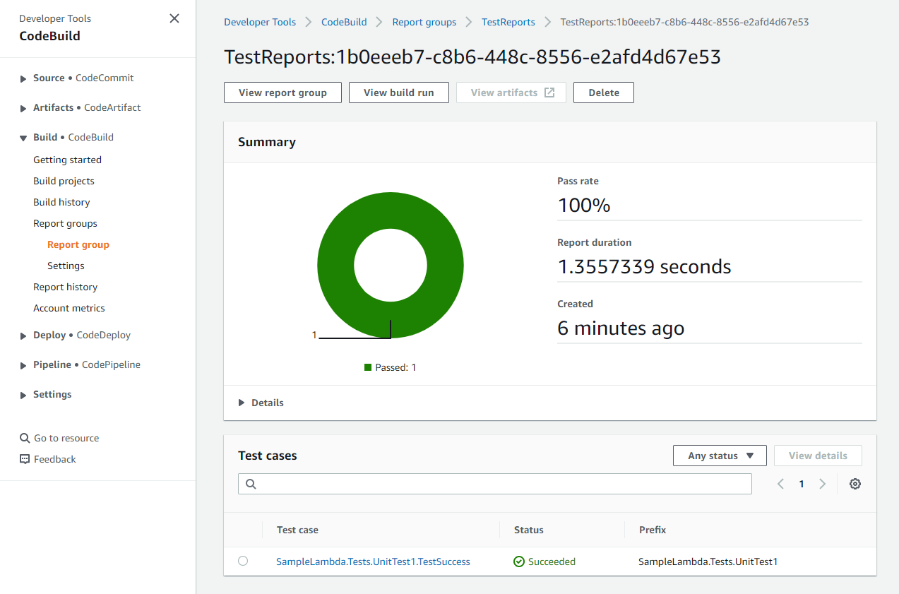 Figure 4: Test report in CodeBuild report group