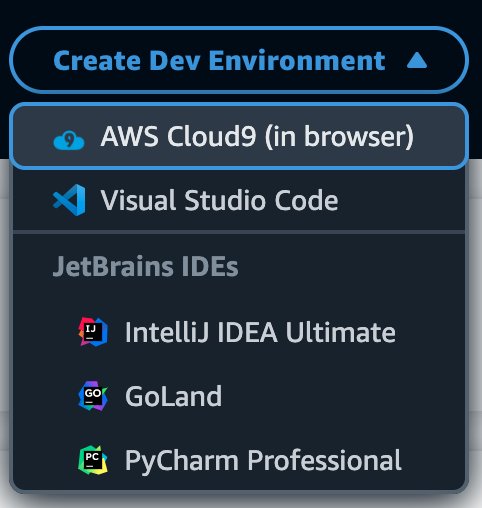 Create Dev Environment menu with AWS Cloud9 selected