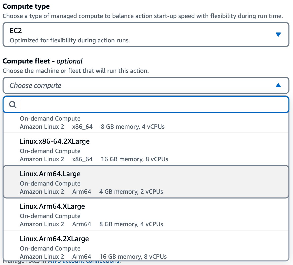 Action configuration showing Linux.Arm64.Large option selected