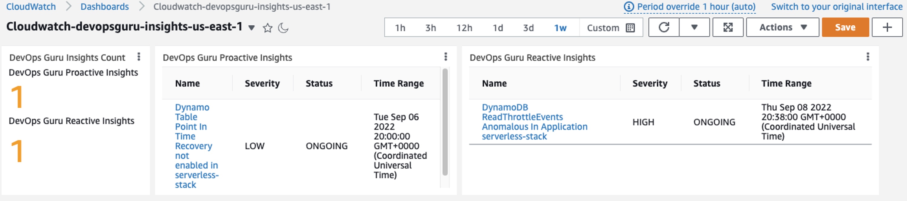 Figure 11: DevOpsGuru Insights in Cloudwatch Dashboard