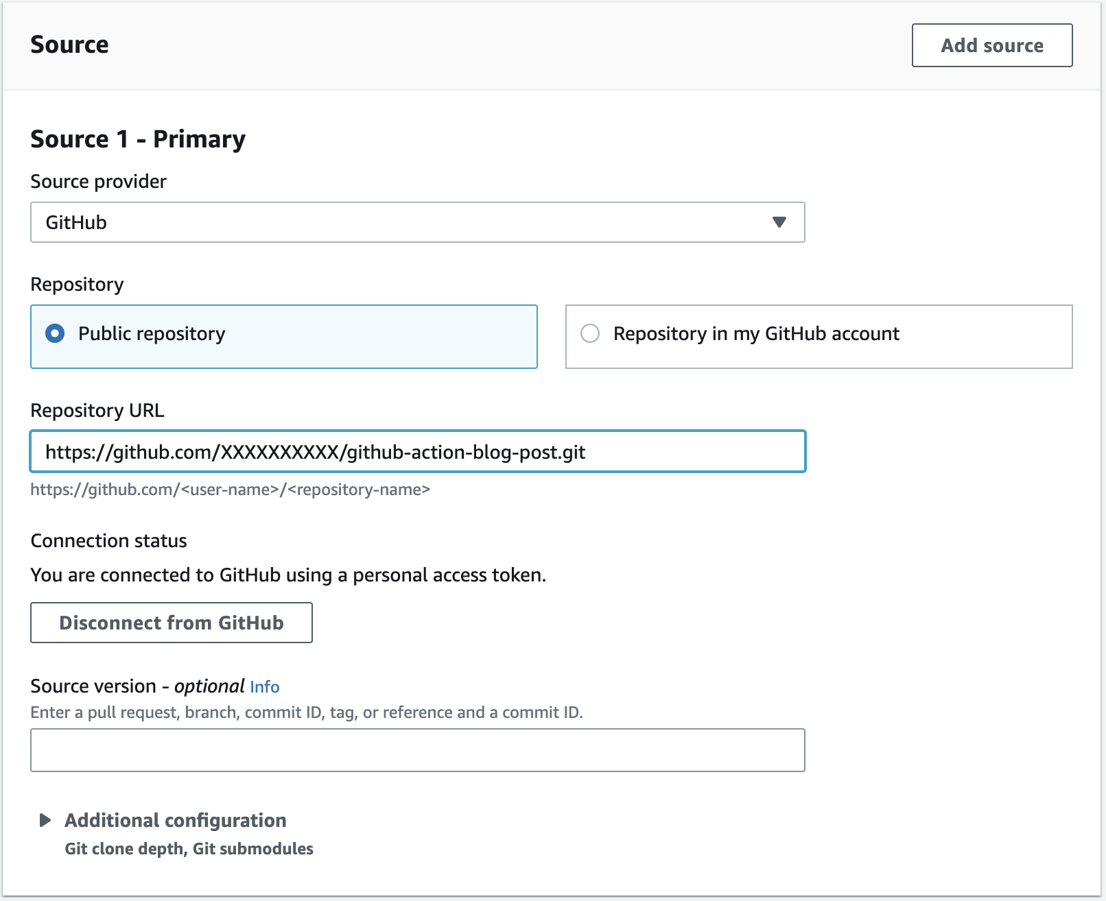 CodeBuild configuration showing the GitHub repository URL