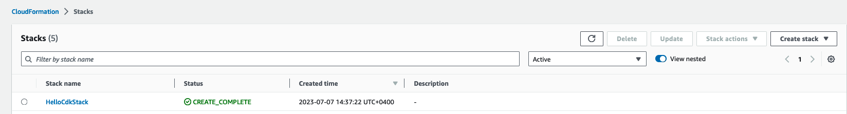 The image shows a list of stacks in AWS CloudFormation Console