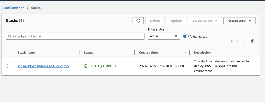 AWS Console showing CloudFormation template successful run