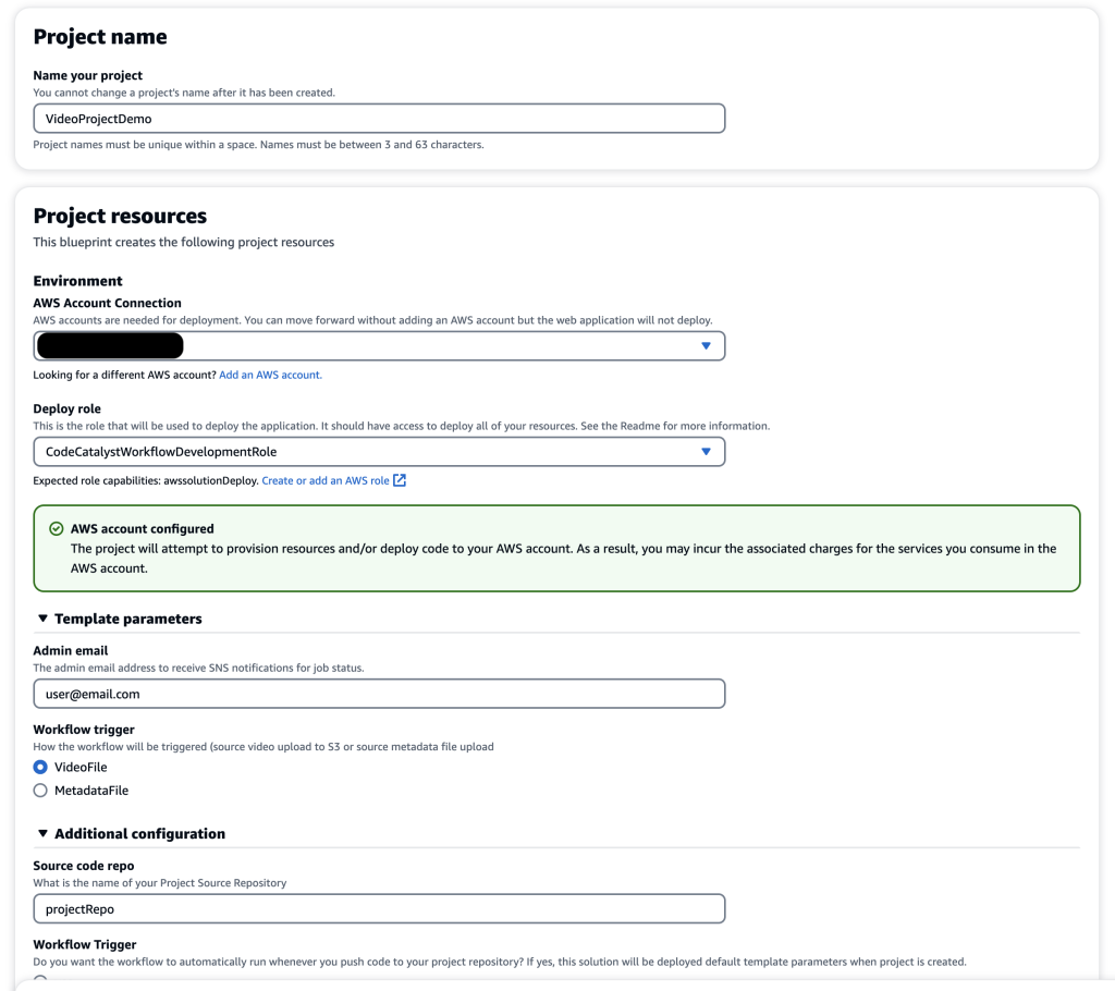 Project configurations listed. Linked AWS account ID and IAM role present